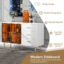 Load image into Gallery viewer, Modern Sideboard MDF Buffet Cabinet Marble Sticker Tabletop and Amber-yellow Tempered Glass Doors with Gold Metal Legs &amp; Handles (White)
