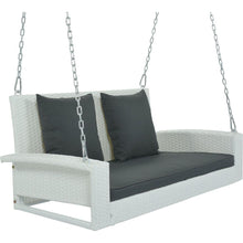 Cargar imagen en el visor de la galería, 2-Person Wicker Hanging Porch Swing with Chains, Cushion, Pillow, Rattan Swing Bench for Garden, Backyard, Pond. (White Wicker, Gray Cushion)
