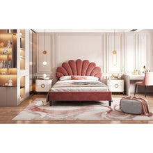 Carregar imagem no visualizador da galeria, Full Size Upholstered Platform Bed with Flower Pattern Velvet Headboard, Bean Paste Red
