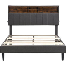 Load image into Gallery viewer, Full size Upholstered Platform Bed with Storage Headboard and USB Port, Linen Fabric Upholstered Bed (Gray)
