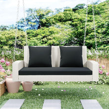 Cargar imagen en el visor de la galería, 2-Person Wicker Hanging Porch Swing with Chains, Cushion, Pillow, Rattan Swing Bench for Garden, Backyard, Pond. (White Wicker, Gray Cushion)
