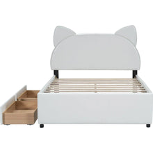 Load image into Gallery viewer, Full Size Upholstered Platform Bed with Cartoon Ears Shaped Headboard and 2 Drawers, White
