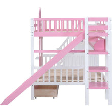 Carregar imagem no visualizador da galeria, Full-Over-Full Castle Style Bunk Bed with 2 Drawers 3 Shelves and Slide - Pink
