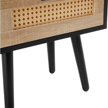 Load image into Gallery viewer, 15.75&quot; Rattan End table with Power Outlet &amp; USB Ports, Modern nightstand with drawer and solid wood legs, side table for living roon, bedroom, black
