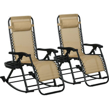 Load image into Gallery viewer, 2 Pieces Outdoor Rocking Chairs, Foldable Reclining Zero Gravity Lounge Rocker with Pillow, Cup &amp; Phone Holder, Combo Design with Folding Legs, Beige

