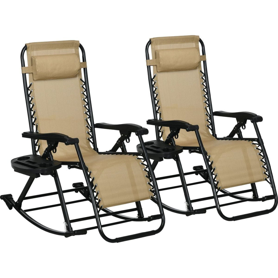 2 Pieces Outdoor Rocking Chairs, Foldable Reclining Zero Gravity Lounge Rocker with Pillow, Cup & Phone Holder, Combo Design with Folding Legs, Beige