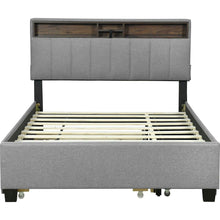 Load image into Gallery viewer, Full size Upholstered Platform Bed with Storage Headboard, Twin Size Trundle &amp; 2 drawers and a set of Sockets &amp; USB Ports, Linen Fabric, Gray
