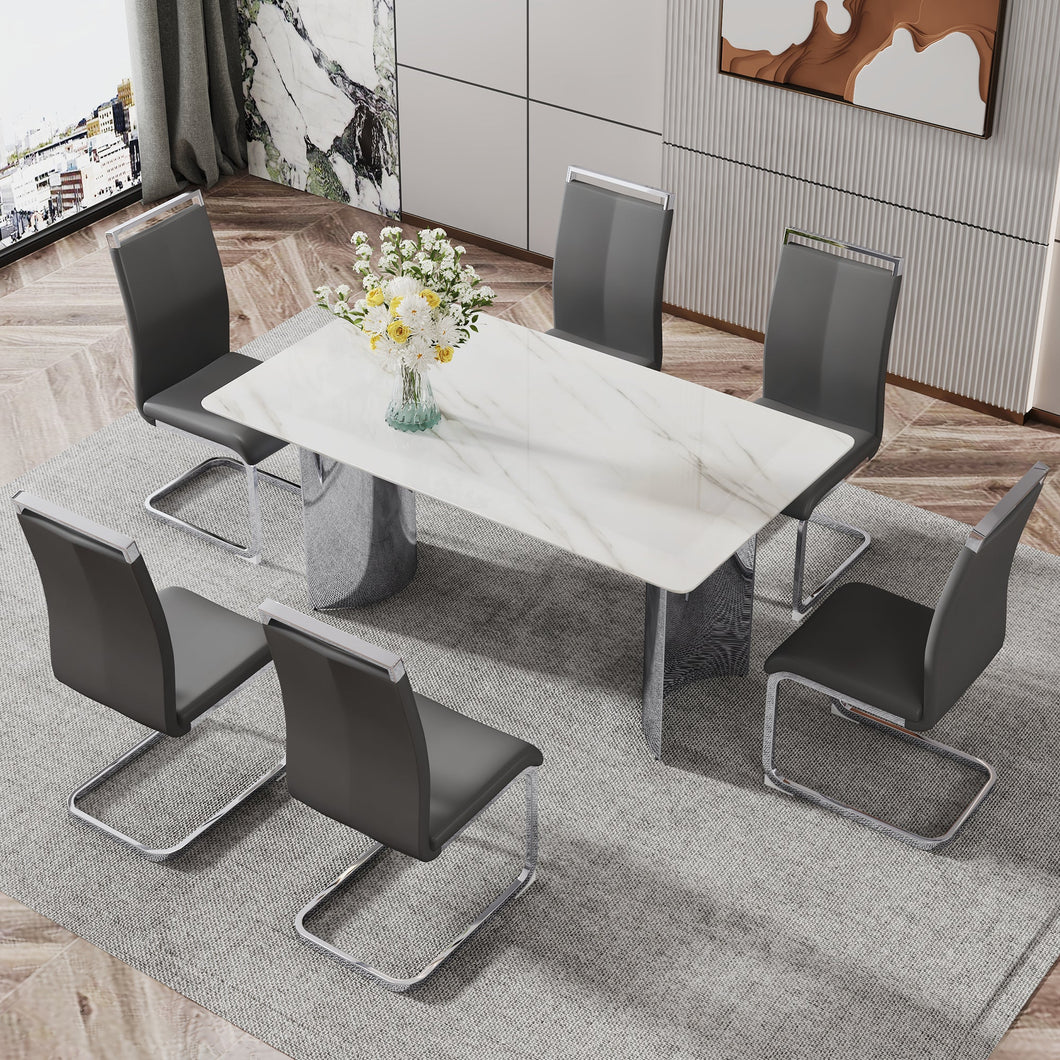 Modern minimalist dining table. Imitation marble glass sticker desktop, stainless steel legs, stable and beautiful. 6 premium PU seats. 63 inches x 35.4 inches x 29.5 inches DT-69