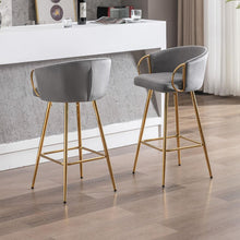 Carregar imagem no visualizador da galeria, 26 Inch Set of 2 Bar Stools, with Chrome Footrest and Base Velvet + Golden Leg Simple Bar Stool, GRAY
