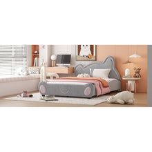 Load image into Gallery viewer, Full Size Velvet Platform Bed with Bear-Shaped Headboard, with Bed-End Storage Pocket, Gray
