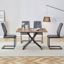 Carregar imagem no visualizador da galeria, Modern minimalist multifunctional lifting table, 0.8-inch wood grain craft sticker desktop, black metal legs. Paired with 4 faux leather upholstered dining chairs with black metal legs
