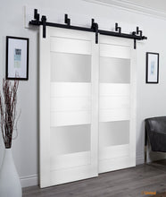 Load image into Gallery viewer, Sete 6222 White Silk Barn Doors with 2 Lites Frosted Glass | Black Bypass Rails
