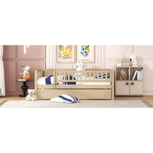 Load image into Gallery viewer, Twin Size Wood Daybed with Trundle and Fence Guardrails, Natural
