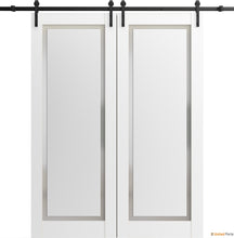 Load image into Gallery viewer, Planum 0888 Painted White Double Barn Door with Frosted Glass and Black Rail
