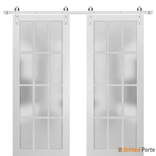 Load image into Gallery viewer, Felicia 3312 Matte White Double Barn Door with 12 Lites Frosted Glass and Silver Rail
