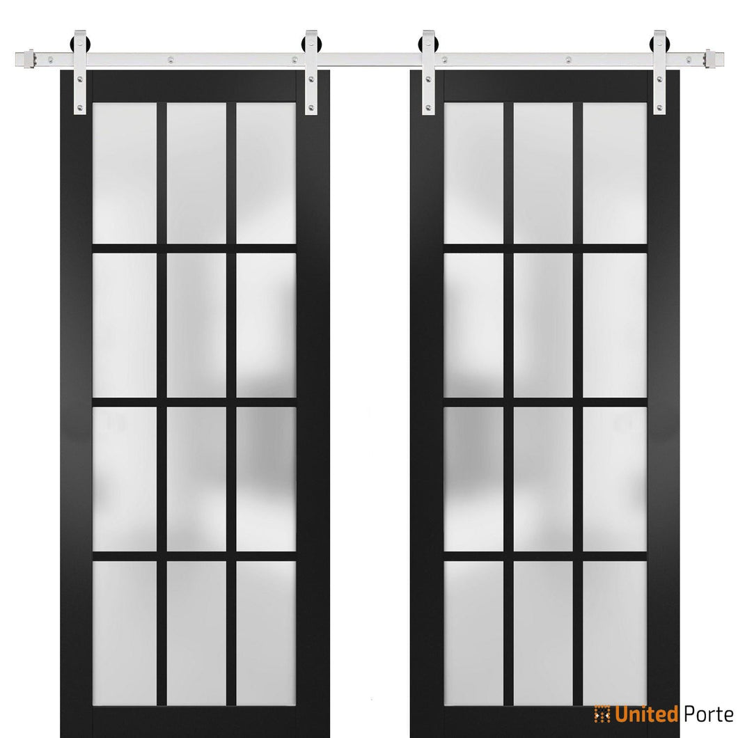 Felicia 3312 Matte Black Double Barn Door with Frosted Glass and Silver Rail