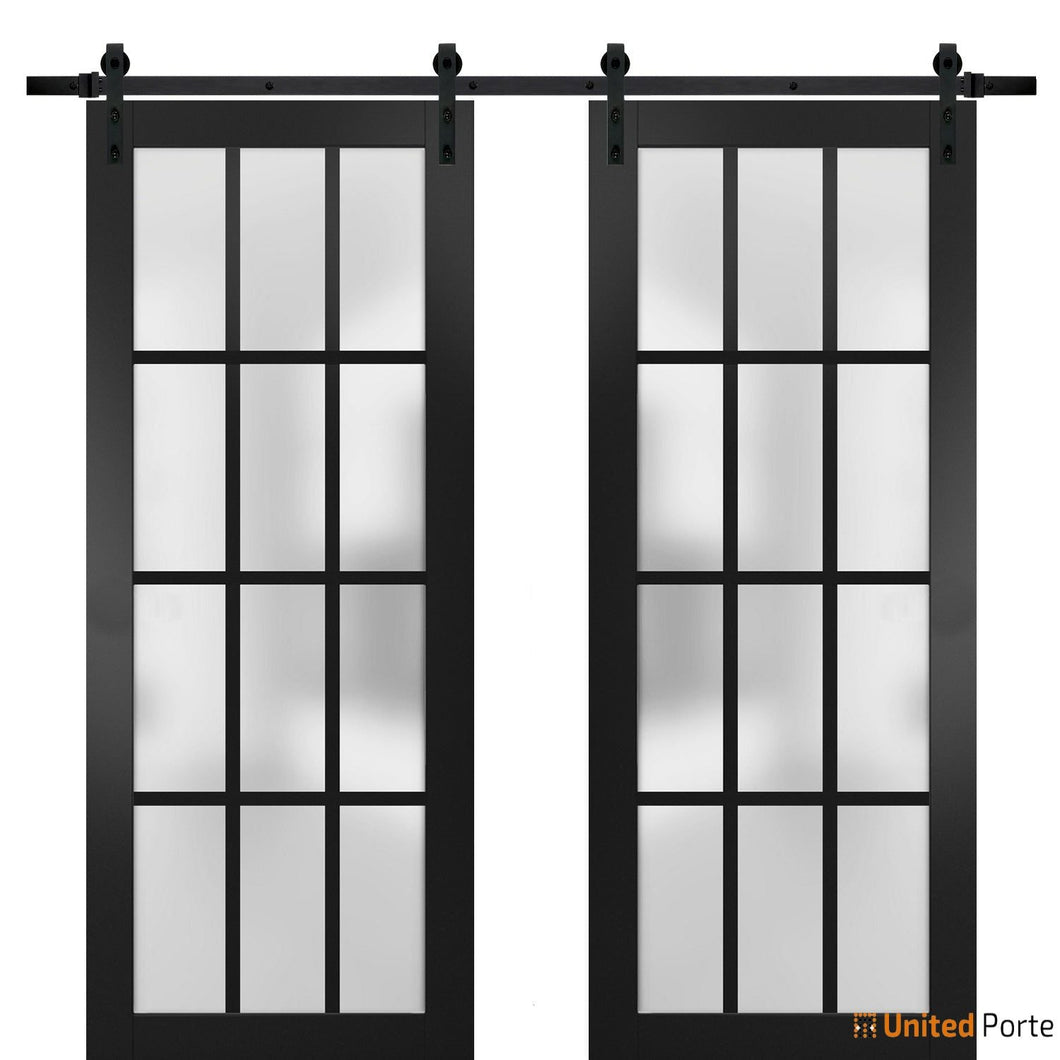 Felicia 3312 Matte Black Double Barn Door with Frosted Glass and Black Rail