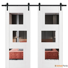 Cargar imagen en el visor de la galería, Sete 6999 White Silk Double Barn Door with Mirror and Black Rail
