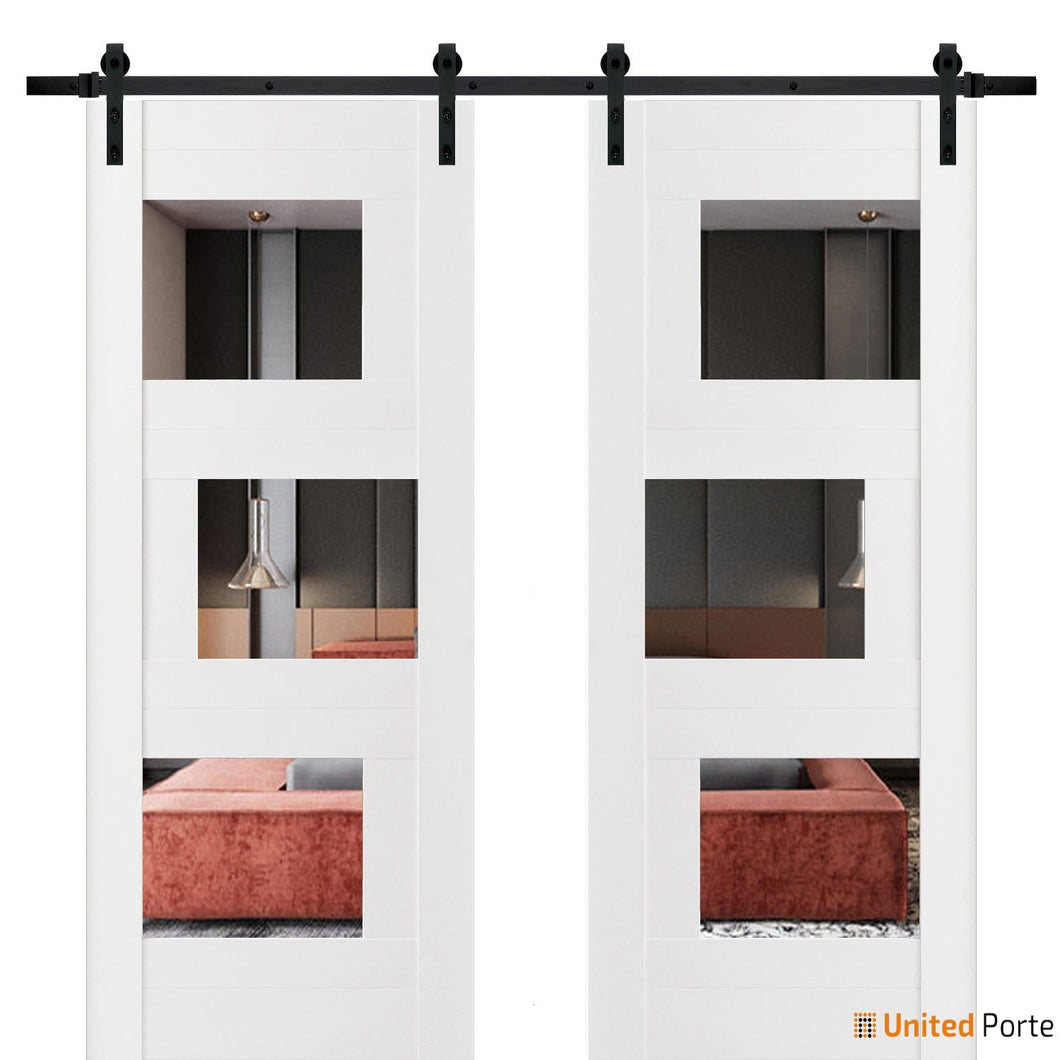 Sete 6999 White Silk Double Barn Door with Mirror and Black Rail