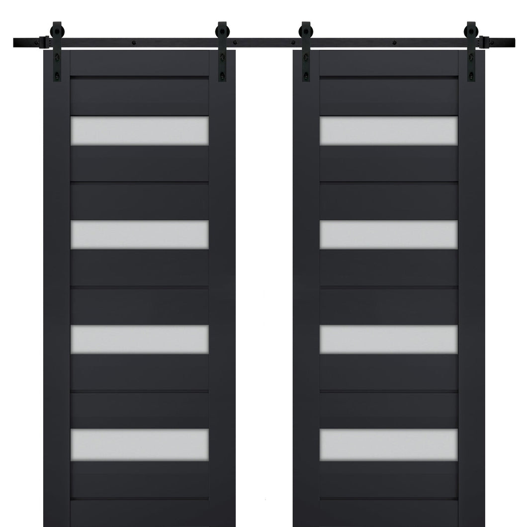 Veregio 7455 Antracite Double Barn Door with Frosted Glass and Black Rail