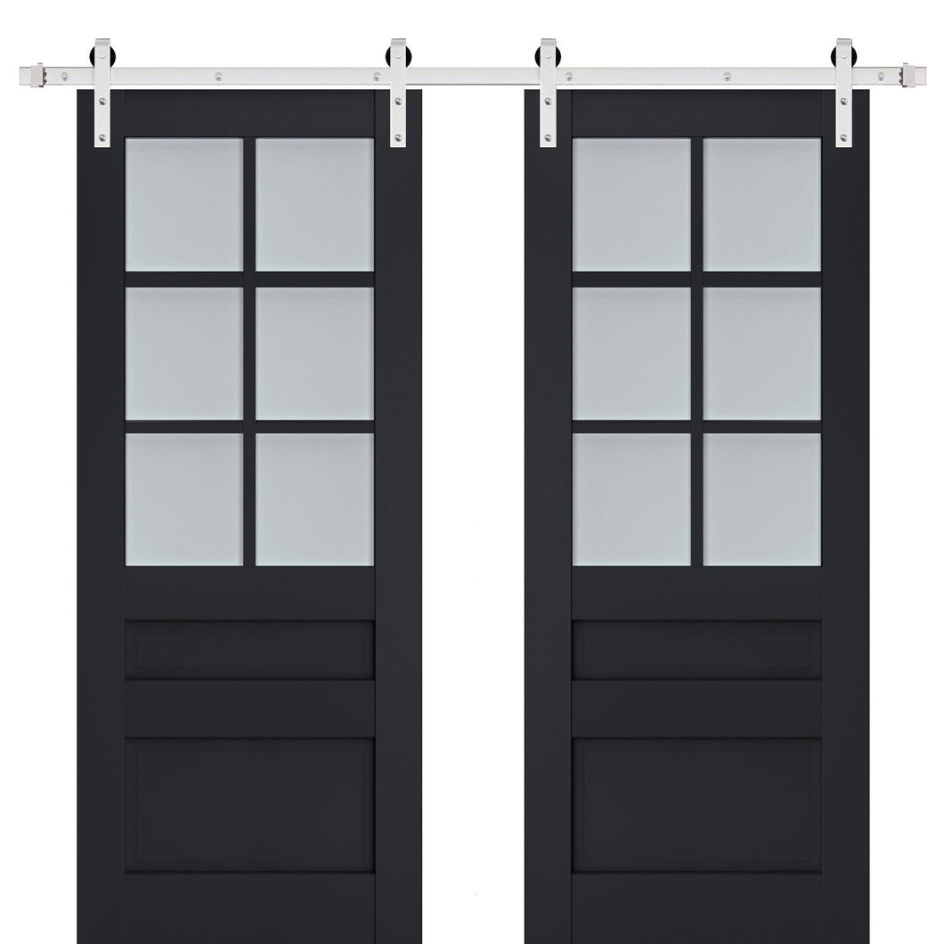 Veregio 7339 Antracite Double Barn Door with Frosted Glass and Silver Finish Rail