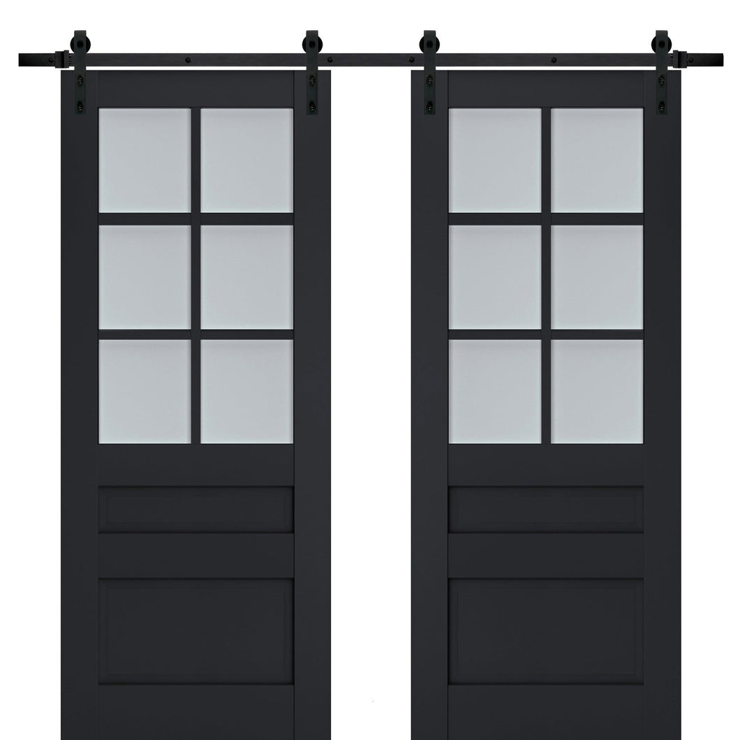 Veregio 7339 Antracite Double Barn Door with Frosted Glass and Black Rail