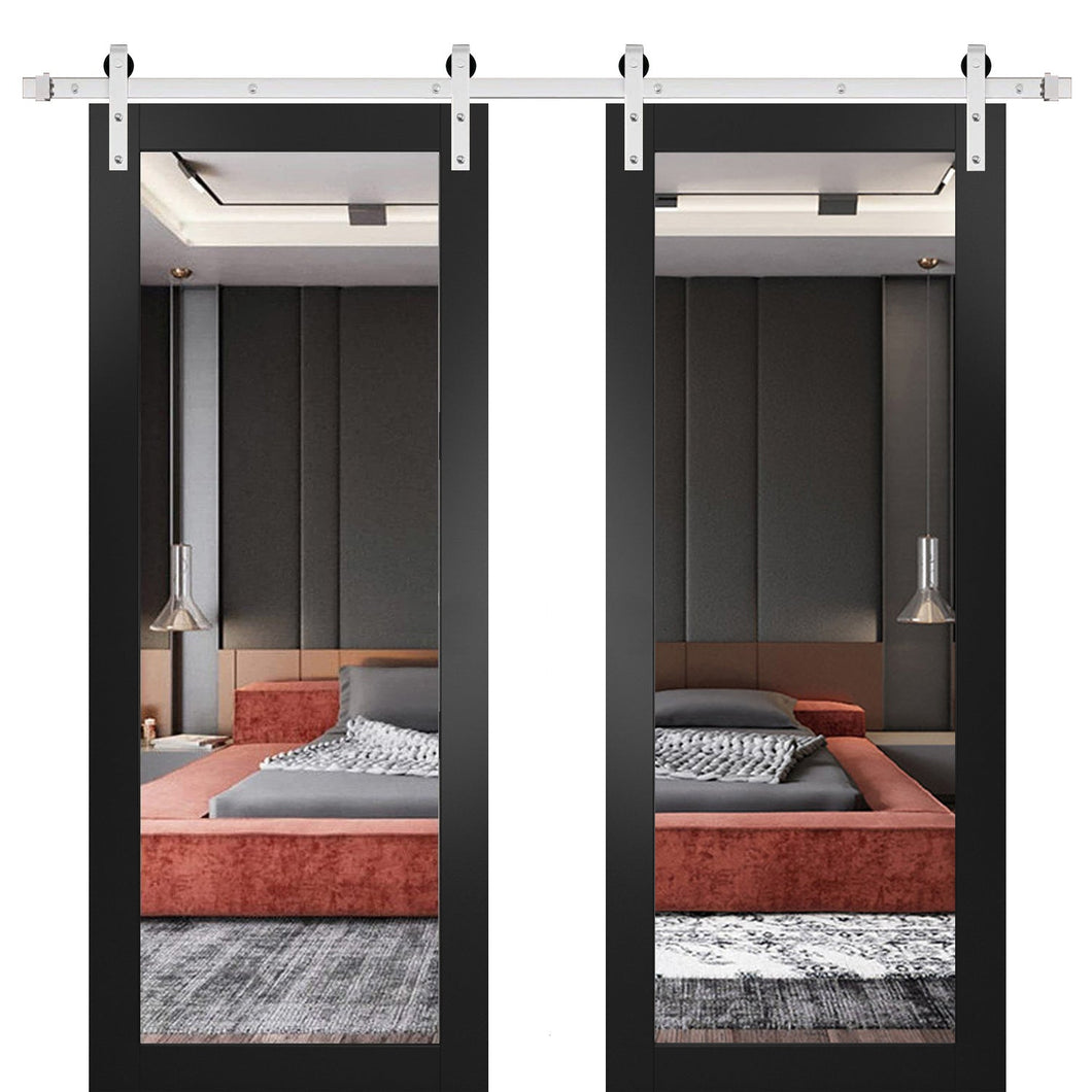 Lucia 1299 Matte Black Double Barn Door with Mirror Glass and Silver Finish Rail