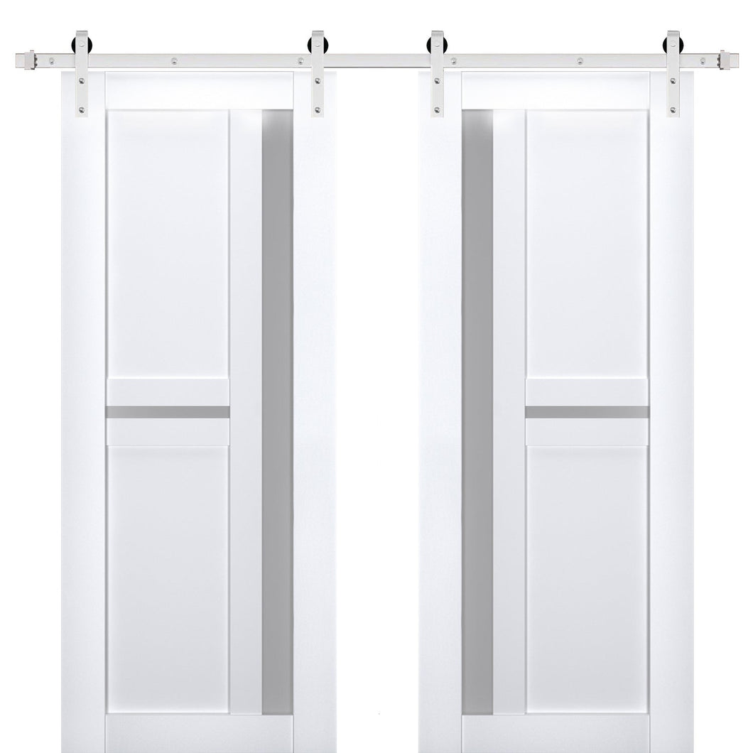Veregio 7288 Matte White Double Barn Door with Frosted Glass and Silver Finish Rail