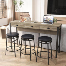 Carregar imagem no visualizador da galeria, 3-Drawer Long Dining Table Set with Power Outlets, Bar Kitchen Table Set with Circular PU Stools, Easy Assemble, Brown Gray Table+Black Stool
