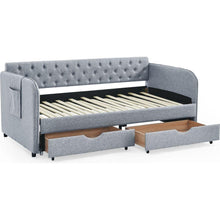 Load image into Gallery viewer, Twin Size Upholstery Daybed with Trundle Bed and Two Storage Drawers , Flat Arms with Pocket, Extendable Daybed for Bedroom Living Room,Linen Grey
