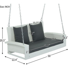 Cargar imagen en el visor de la galería, 2-Person Wicker Hanging Porch Swing with Chains, Cushion, Pillow, Rattan Swing Bench for Garden, Backyard, Pond. (White Wicker, Gray Cushion)

