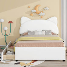 Load image into Gallery viewer, Full Size Upholstered Platform Bed with Cartoon Ears Shaped Headboard and 2 Drawers, White
