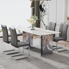 Load image into Gallery viewer, Modern minimalist dining table. Imitation marble glass sticker desktop, stainless steel legs, stable and beautiful. 4 premium PU seats. 63 inches x 35.4 inches x 29.5 inches DT-69
