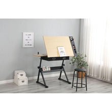 Cargar imagen en el visor de la galería, adjustable drawing drafting table desk with 2 drawers for home office and school with stool(wood)
