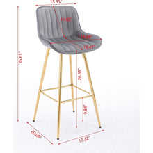 Cargar imagen en el visor de la galería, 26 Inch Set of 2 Bar Stools, with Chrome Footrest Velvet Fabric Counter Stool Golden Leg Simple Bar Stool, GRAY
