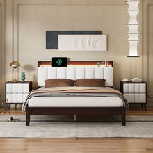 Carregar imagem no visualizador da galeria, 3-Pieces Bedroom Sets,Queen Size Wood Platform Bed and Two Nightstands,Storage Platform bed with USB and LED Lights-Walnut+Beige
