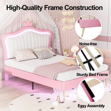 Cargar imagen en el visor de la galería, Full Size Upholstered Bed Frame with LED Lights,Modern Upholstered Princess Bed With Crown Headboard,White+Pink
