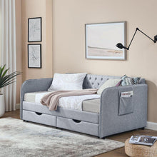 Load image into Gallery viewer, Twin Size Upholstery Daybed with Trundle Bed and Two Storage Drawers , Flat Arms with Pocket, Extendable Daybed for Bedroom Living Room,Linen Grey
