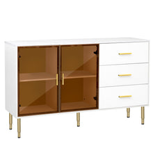 Load image into Gallery viewer, Modern Sideboard MDF Buffet Cabinet Marble Sticker Tabletop and Amber-yellow Tempered Glass Doors with Gold Metal Legs &amp; Handles (White)
