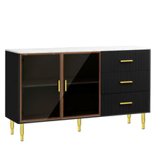 Carregar imagem no visualizador da galeria, Modern Sideboard MDF Buffet Cabinet Marble Sticker Tabletop and Amber-yellow Tempered Glass Doors with Gold Metal Legs &amp; Handles (Black)
