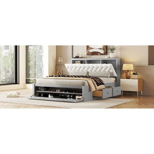 Load image into Gallery viewer, Wood Queen Size Platform Bed with Storage Headboard, shoe rack and 4 drawers,Gray
