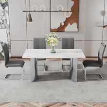 Load image into Gallery viewer, Modern minimalist dining table. Imitation marble glass sticker desktop, stainless steel legs, stable and beautiful. 4 premium PU seats. 63 inches x 35.4 inches x 29.5 inches DT-69
