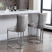 Cargar imagen en el visor de la galería, 26&quot; Counter Height Bar Stools Set of 2, Modern Velvet Barstools with Button Back&amp;Rivet Trim Upholstered Kitchen Island Chairs with Sturdy Chromed Metal Base Legs Farmhouse Bar Stools, (Gray, 2 Pack)

