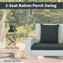 Cargar imagen en el visor de la galería, 2-Person Wicker Hanging Porch Swing with Chains, Cushion, Pillow, Rattan Swing Bench for Garden, Backyard, Pond. (White Wicker, Gray Cushion)
