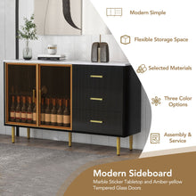 Carregar imagem no visualizador da galeria, Modern Sideboard MDF Buffet Cabinet Marble Sticker Tabletop and Amber-yellow Tempered Glass Doors with Gold Metal Legs &amp; Handles (Black)
