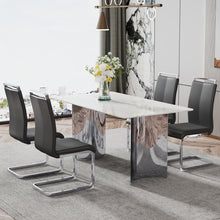 Carregar imagem no visualizador da galeria, Modern minimalist dining table. Imitation marble glass sticker desktop, stainless steel legs, stable and beautiful. 4 black PU seats. 63 &quot;x 35.4&quot; x 29.5 &quot;DT-69
