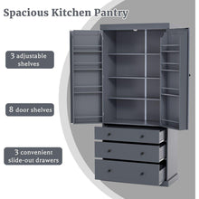 Load image into Gallery viewer, [Assembly Video Provided]77inch Farmhouse Kitchen Pantry, Freestanding Tall Cupboard Storage Cabinet with 3 Adjustable Shelves, 8 Door Shelves, 3 Drawers for Kitchen, Dining Room, Gray
