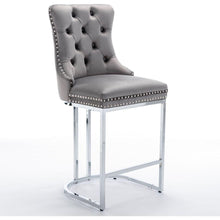 Cargar imagen en el visor de la galería, 26&quot; Counter Height Bar Stools Set of 2, Modern Velvet Barstools with Button Back&amp;Rivet Trim Upholstered Kitchen Island Chairs with Sturdy Chromed Metal Base Legs Farmhouse Bar Stools, (Gray, 2 Pack)
