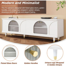 Carregar imagem no visualizador da galeria, Contemporary TV Stand with Adjustable Shelves for TVs Up to 78&quot;, Stylish Media Console with Gold Handles and Arch Fluted Glass Doors, Delicate Entertainment Center for Living Room, White
