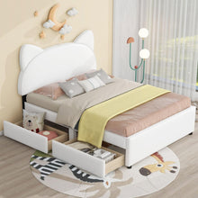 Load image into Gallery viewer, Full Size Upholstered Platform Bed with Cartoon Ears Shaped Headboard and 2 Drawers, White
